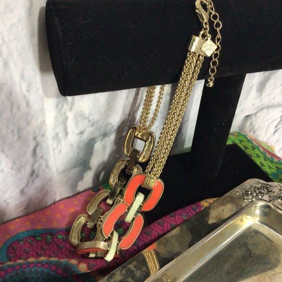 NWT Orange & Cream Necklace Chunky Chain & Interlinked Accents - Picture 4 of 15